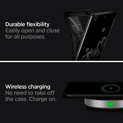 ACS00711 - Galaxy S20 Ultra Rugged Armor Case in black durable flexibility. Easily open and close for all purpose. wireless charging no need to take off the case. charge on.