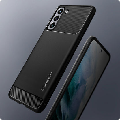 ACS02421 - Galaxy S21 Rugged Armor Case in matte black showing back of the case with spigen logo.