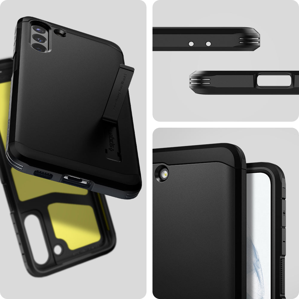 ACS02425 - Galaxy S21 Tough Armor Case in black showing back and front of phone case.