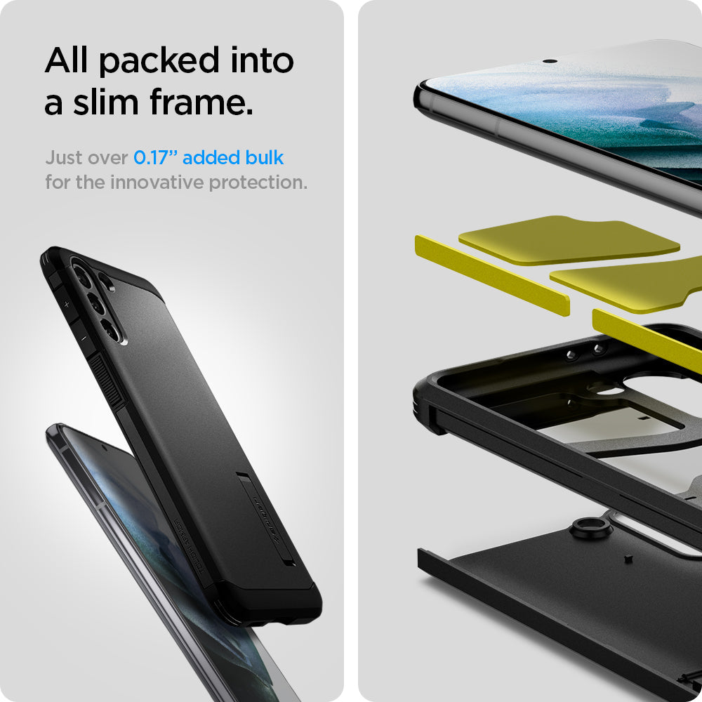 ACS02425 - Galaxy S21 Tough Armor Case in black all packed into a slim frame. Just over 0.17" added bulk for the innovative protection.