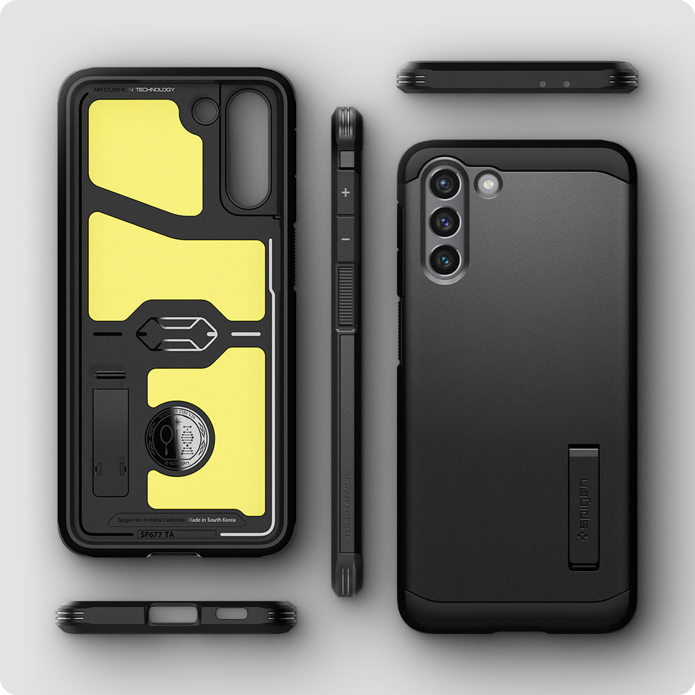 ACS02425 - Galaxy S21 Tough Armor Case in black showing back and front of phone case.