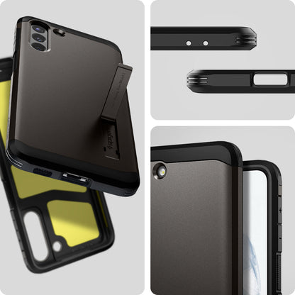 ACS02426 - Galaxy S21 Tough Armor Case in gunmetal showing back and front of phone case.