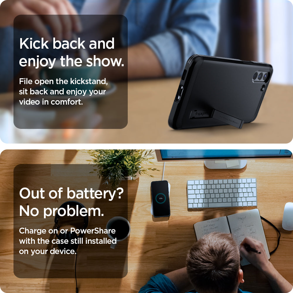 ACS02390 - Galaxy S21 Plus Tough Armor Case in black kick back and enjoy the show. File open the kickstand, sit back and enjoy your video in comfort. Out of battery? no problem. Charge on or powershare with the case still installed on your device.