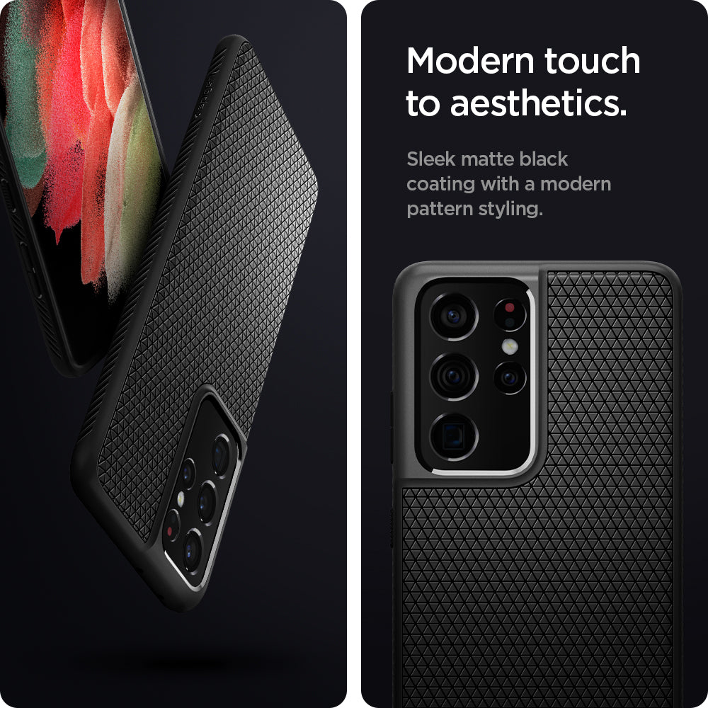 ACS02350 - Galaxy S21 Ultra Liquid Air Case in matte black showing the modern touch to aesthetics. Sleek matte black coating with a modern pattern style