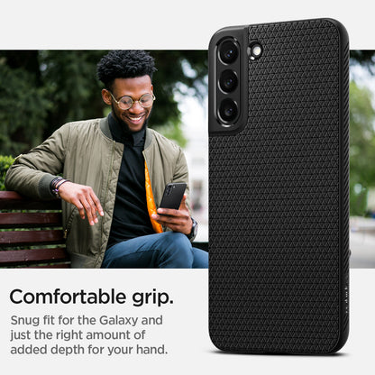 ACS03987 - Galaxy S22 5G Case Liquid Air in black showing the comfortable grip. Snug fit for the Galaxy and just the right amount of added depth for your hand