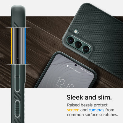 ACS04386 - Galaxy S22 5G Case Liquid Air in abyss green showing the sleek and slim. Raised bezels protect screen and cameras from common surface scratches