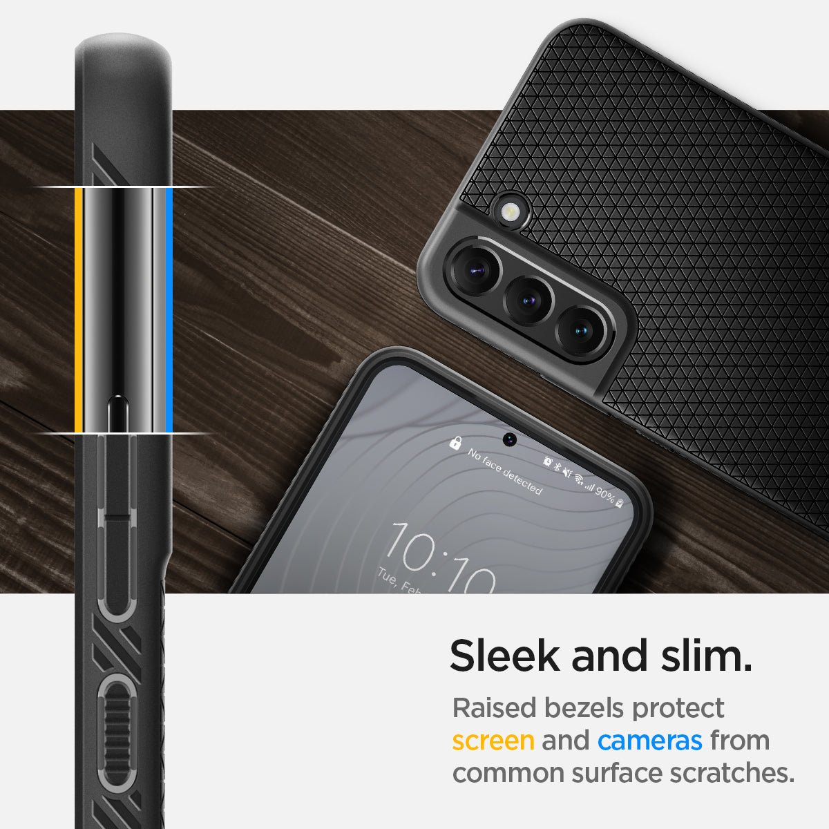ACS03953 - Galaxy S22 Plus 5G Case Liquid Air in black showing the sleek and slim. Raised bezels protect screen and cameras from common surface scratches