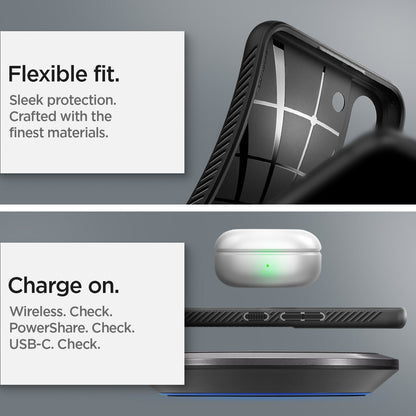 ACS03953 - Galaxy S22 Plus 5G Case Liquid Air in black showing the flexible fit. Sleek protection. Crafted with the finest materials. Charge on. Wireless, PowerShare and USB- C all check
