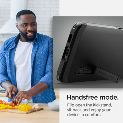 ACS03991 - Galaxy S22 5G Case Tough Armor in black handsfree mode. Flip open the kickstand, sit back and enjoy your device in comfort.