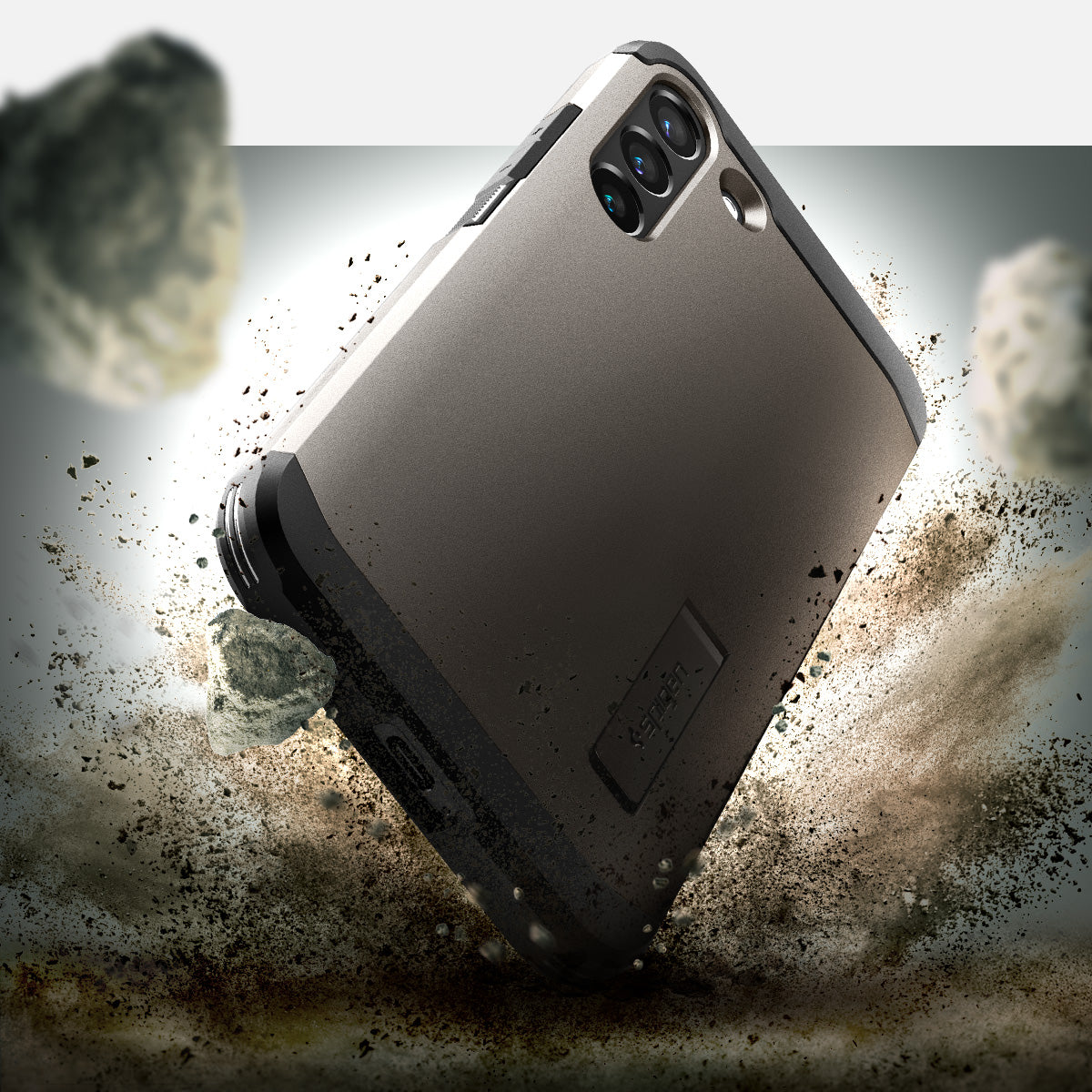 ACS03992 - Galaxy S22 5G Case Tough Armor in gunmetal showing back with the rock.