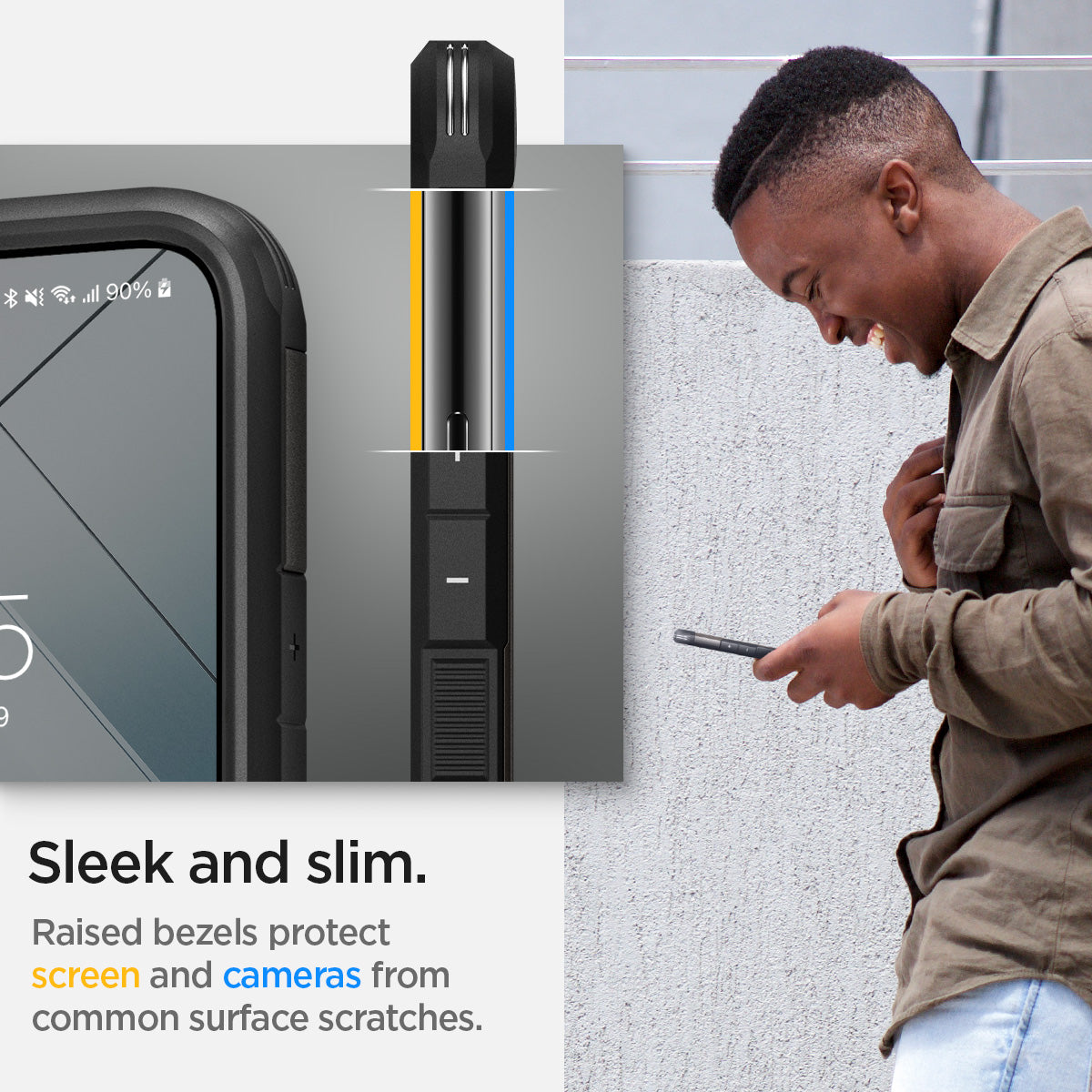 ACS03992 - Galaxy S22 5G Case Tough Armor in gunmetal sleek and slim. Raised bezels protect screen and cameras from common surface scratches.