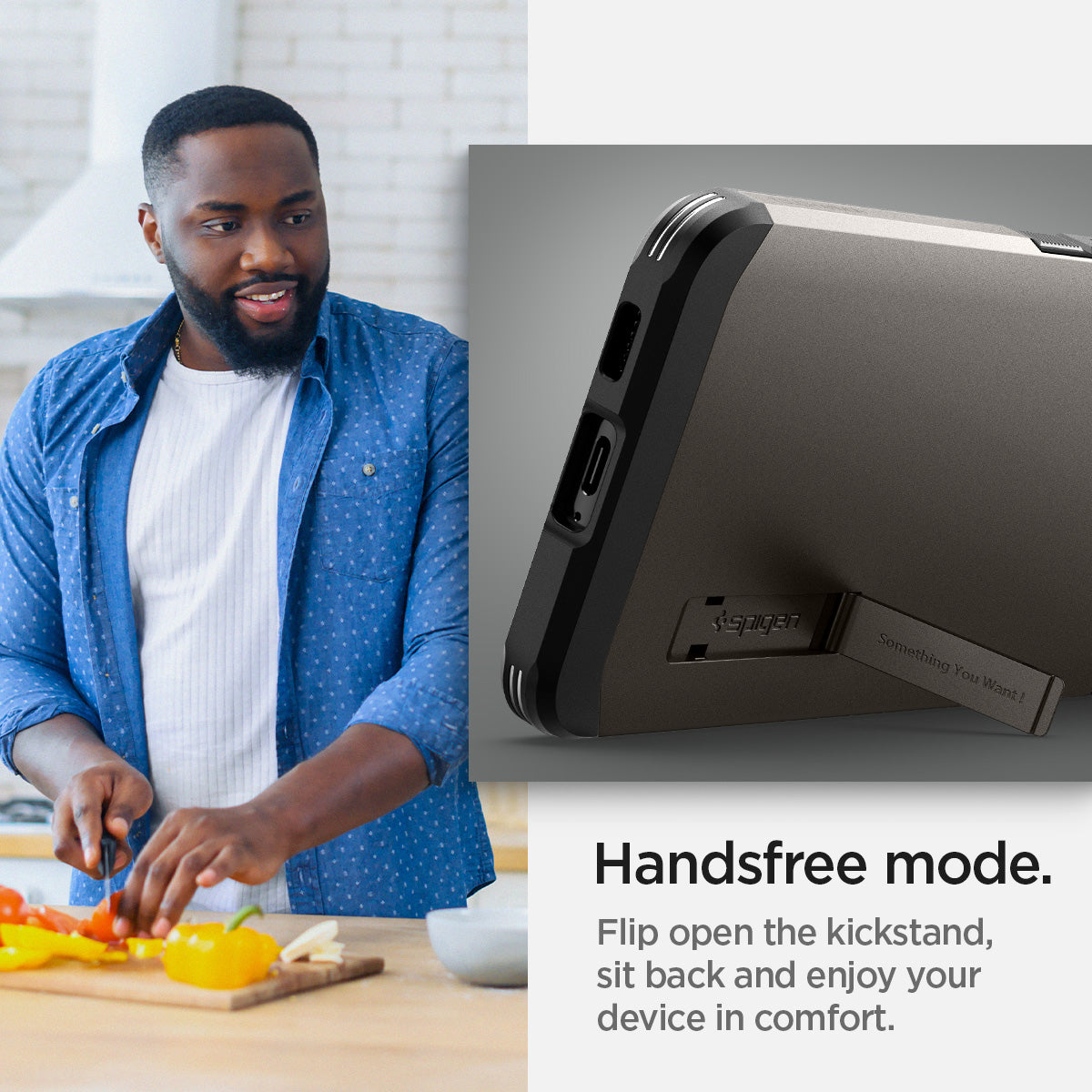 ACS03992 - Galaxy S22 5G Case Tough Armor in gunmetal handsfree mode. Flip open the kickstand, sit back and enjoy your device in comfort.