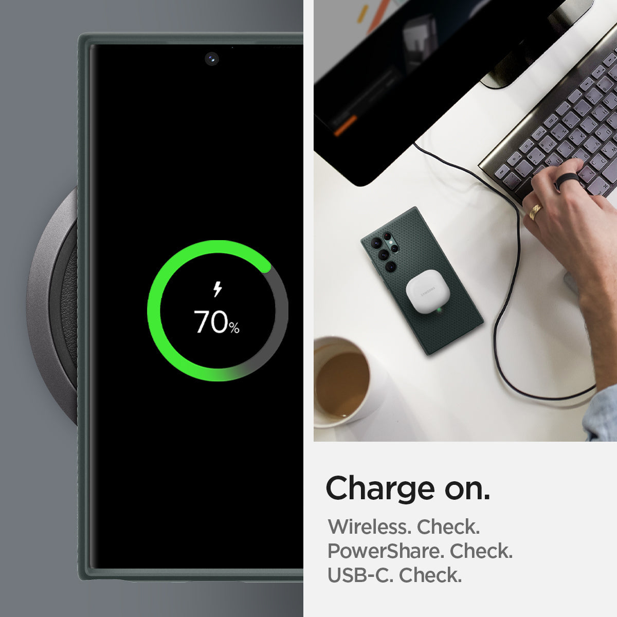 ACS04518 - Galaxy S22 Ultra 5G Case Liquid Air in abyss green showing charge on. Wireless, PowerShare and USB-C all check