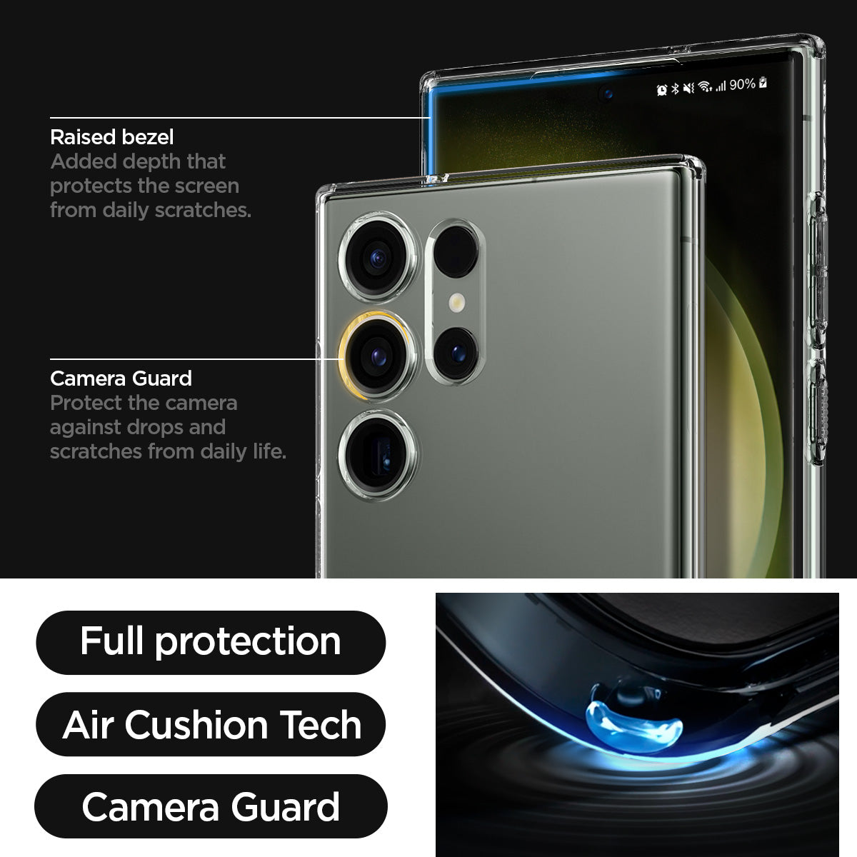 ACS05610 - Galaxy S23 Ultra Case Liquid Crystal in crystal clear raised bezel added depth that protects the screen from daily scratches. camera guard protect the camera against drops and scratches from daily life. full protection. air cushion tech. camera guard.