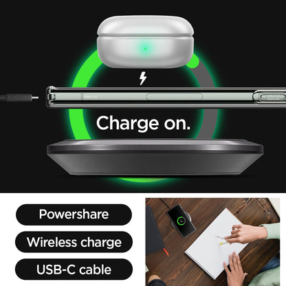 ACS05610 - Galaxy S23 Ultra Case Liquid Crystal in crystal clear charge on. powershare. wireless charge. USB-C cable.