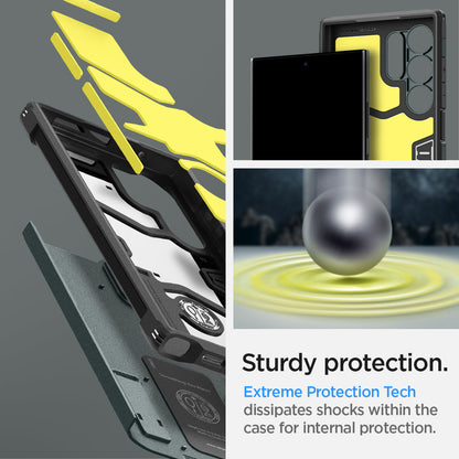 ACS07302 - Galaxy S24 Ultra Case Tough Armor in Abyss Green showing the sturdy protection. Extreme Protection Tech, dissipates shocks within the case for internal protection