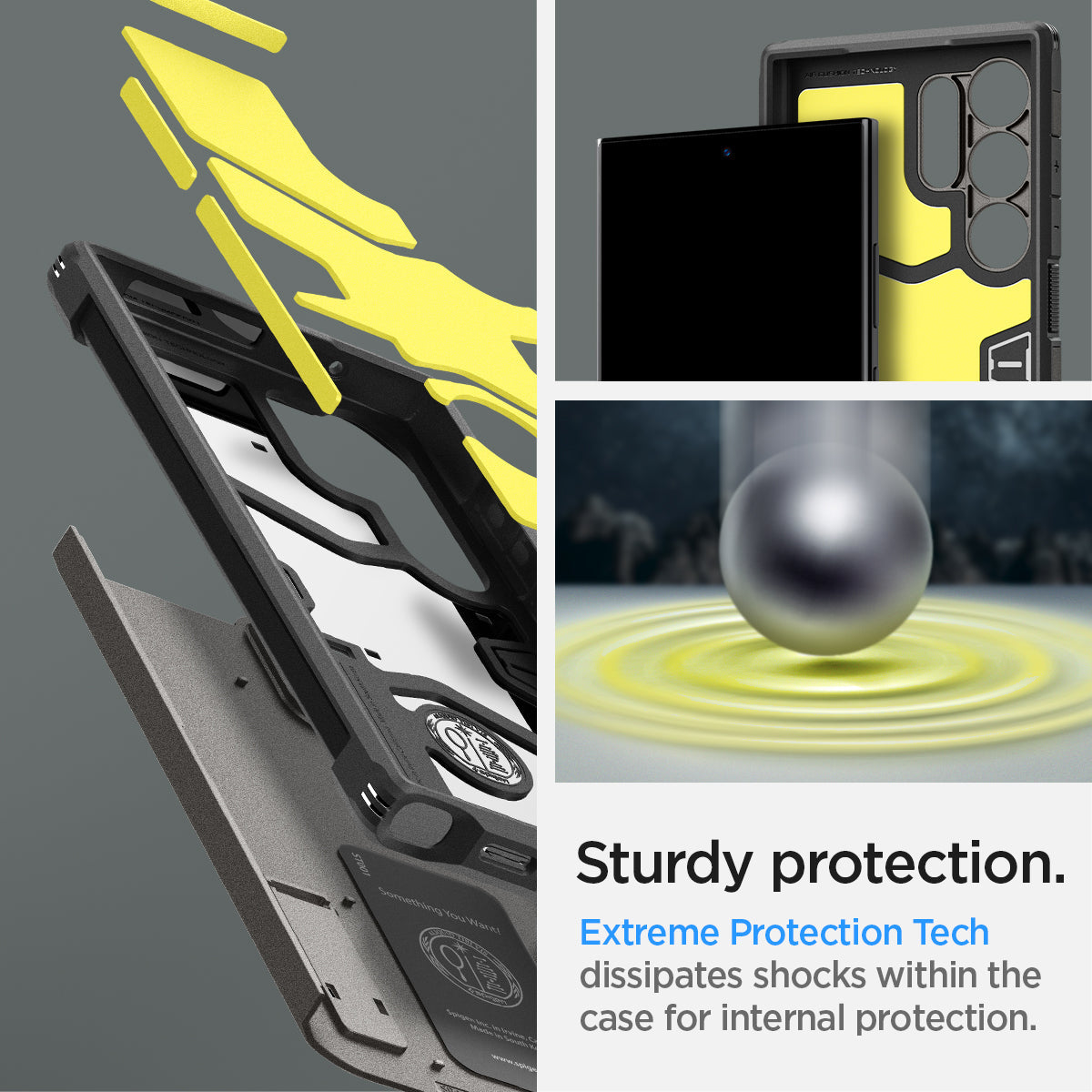 ACS07301 - Galaxy S24 Ultra Case Tough Armor in Gunmetal showing the sturdy protection. Extreme Protection Tech, dissipates shocks within the case for internal protection