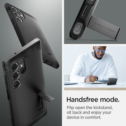 ACS07300 - Galaxy S24 Ultra Case Tough Armor in Black showing the handsfree mode. Flip open the kickstand, sit back and enjoy your device in comfort