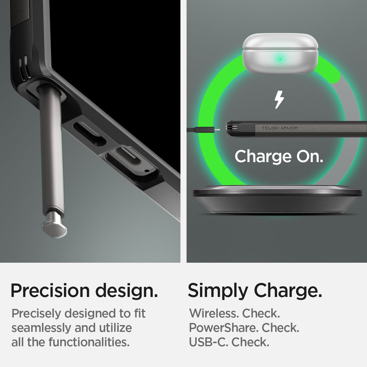 ACS07301 - Galaxy S24 Ultra Case Tough Armor in Gunmetal showing the precision design. Precisely designed to fit seamlessly and utilize all the functionalities. Simply Charge Wireless, PowerShare and USB-C all check
