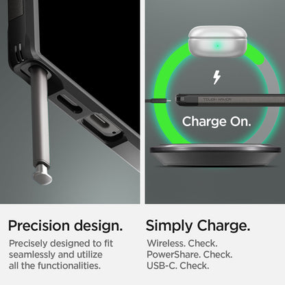 ACS07301 - Galaxy S24 Ultra Case Tough Armor in Gunmetal showing the precision design. Precisely designed to fit seamlessly and utilize all the functionalities. Simply Charge Wireless, PowerShare and USB-C all check