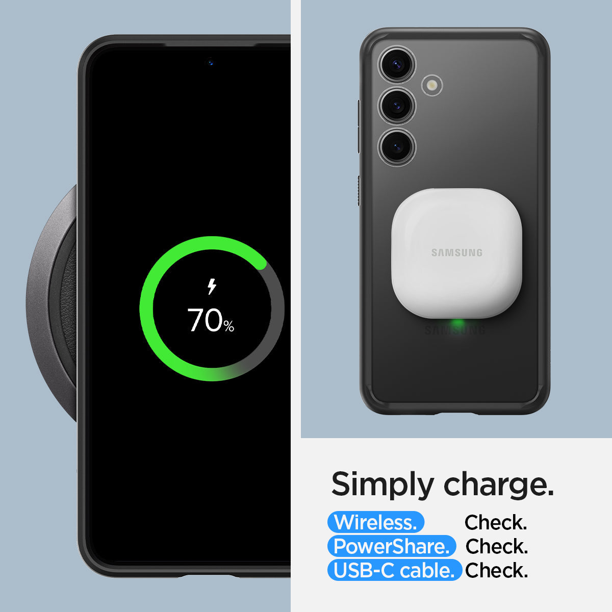 ACS07330 - Galaxy S24 Plus Case Ultra Hybrid in Matte Black Simply charge wireless check. power share check. USB-C cable check.