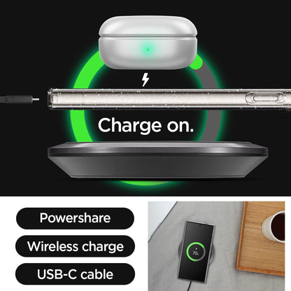 ACS07285 - Galaxy S24 Ultra Case Liquid Crystal Glitter in Crystal Quartz charge on. powershare. wireless charge. USB-C cable.
