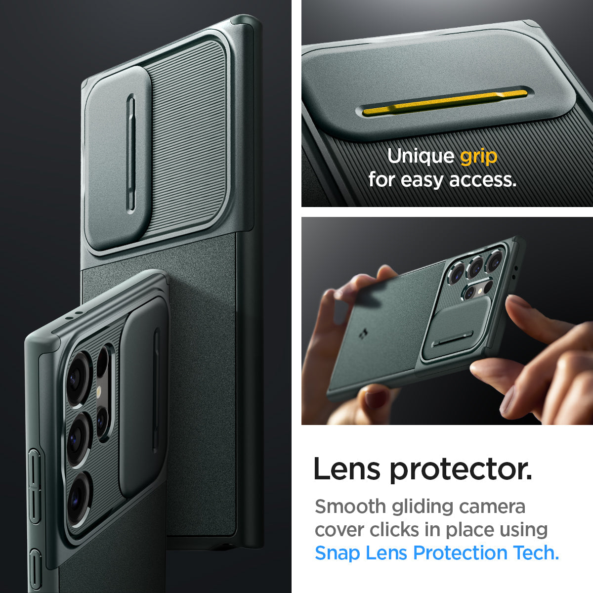 ACS07314 - Galaxy S24 Ultra Case Optik Armor in Abyss Green showing the lens protector. Smooth gliding camera cover clicks in place using Snap Lens Protection Tech with unique grip for easy access
