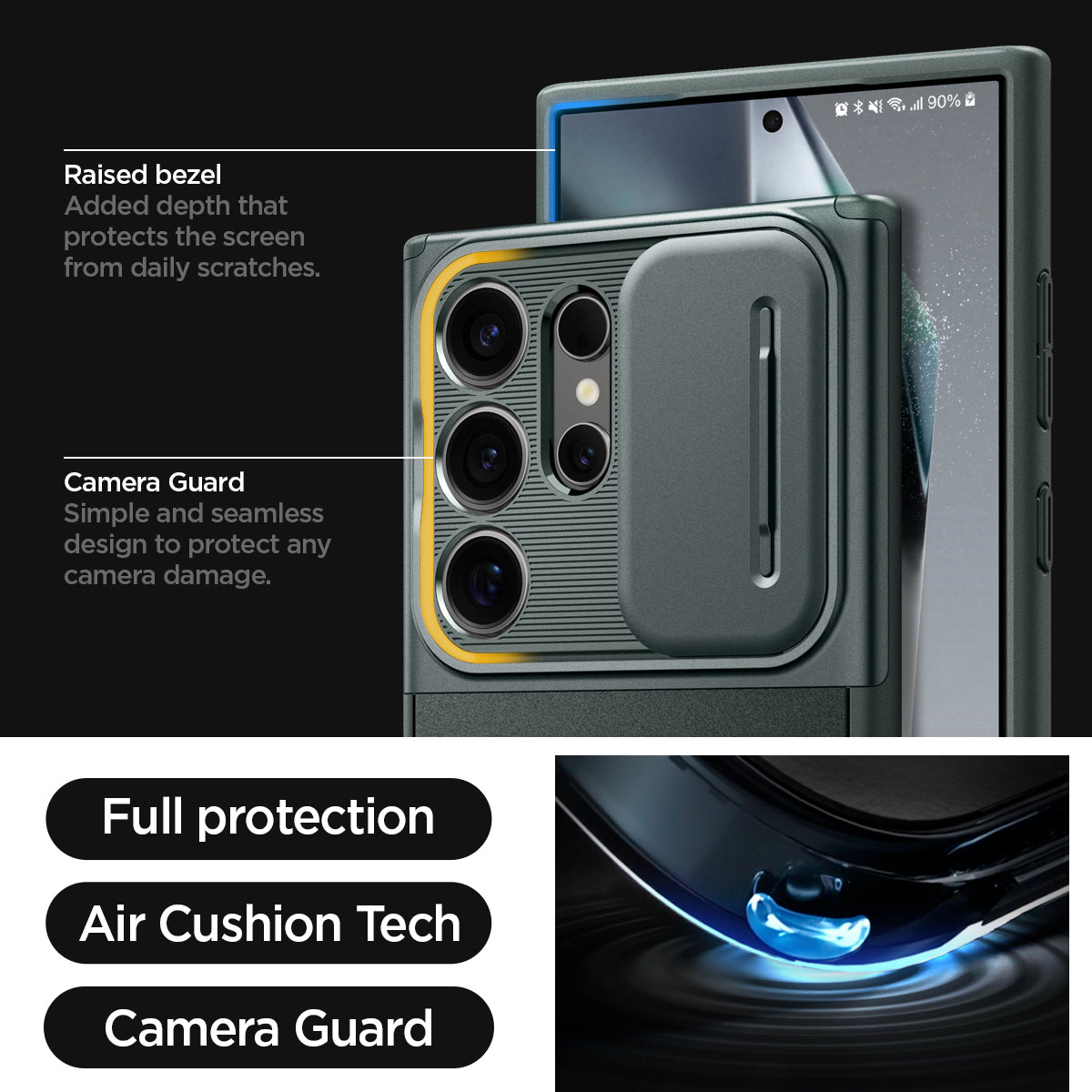 ACS07314 - Galaxy S24 Ultra Case Optik Armor in Abyss Green showing the full protection, air cushion tech, and camera guard. Raised bezel-added depth that protects the screen from daily scratches