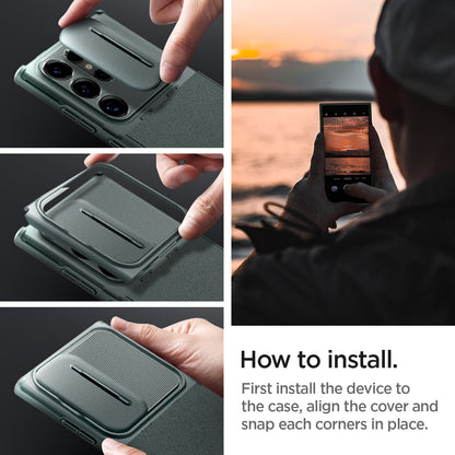 ACS07314 - Galaxy S24 Ultra Case Optik Armor in Abyss Green showing how to install. First install the device to the case, align the cover and snap each corners in place
