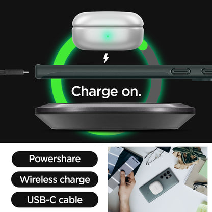 ACS07282 - Galaxy S24 Ultra Case Thin Fit in Abyss Green charge on. powershare. wireless charge. USB-C cable.