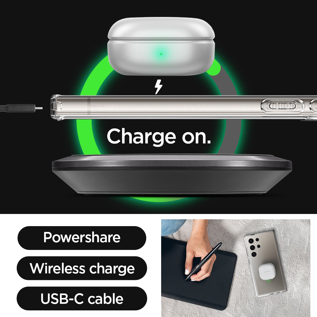 ACS07292 - Galaxy S24 Ultra Case Ultra Hybrid in Crystal Clear charge on. powershare. wireless charge. USB-C cable.