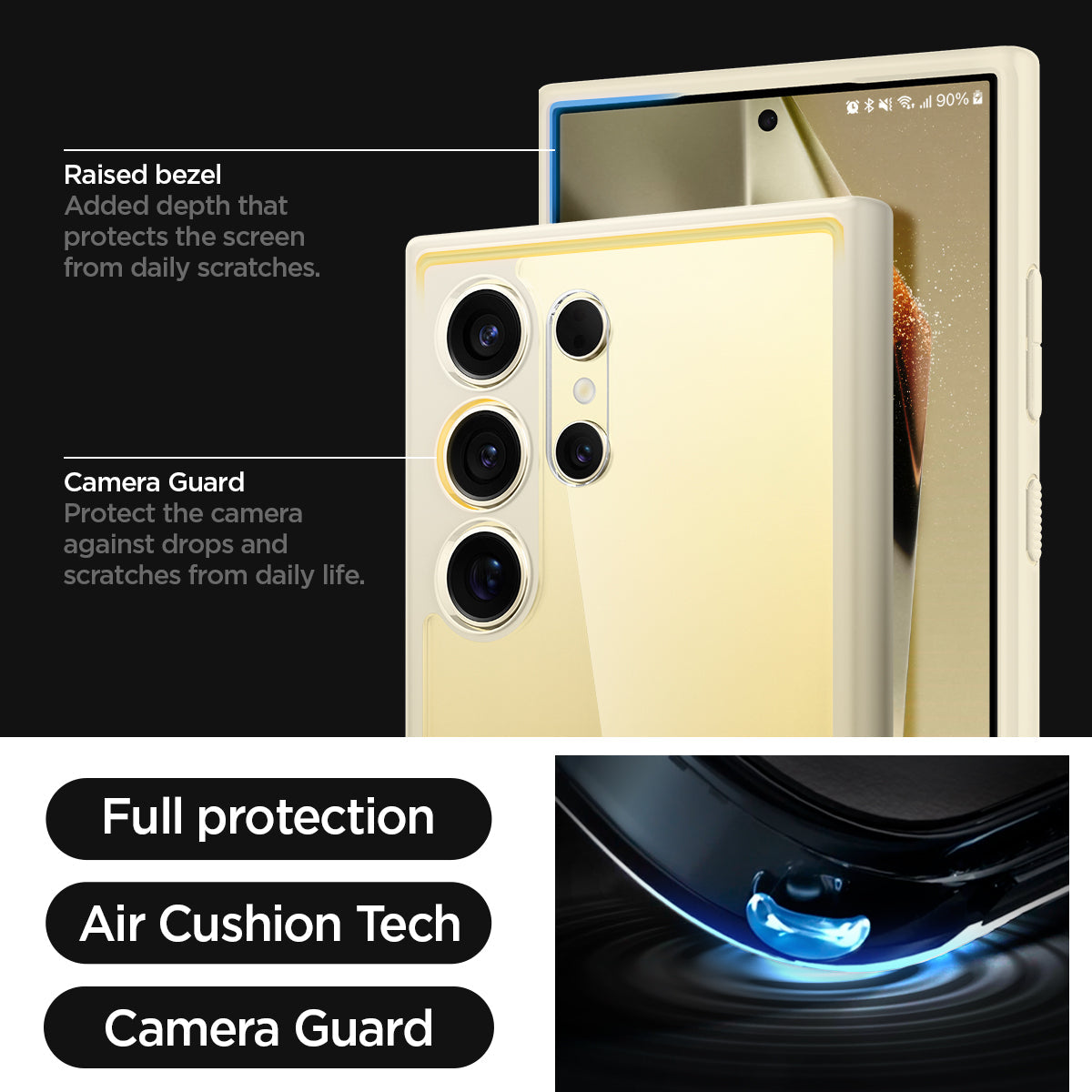 ACS07415 - Galaxy S24 Ultra Case Ultra Hybrid in Mute Beige raised bezel added depth that protects the screen from daily scratches. camera guard protect the camera against drops and scratches from daily life. full protection. air cushion tech. camera guard.