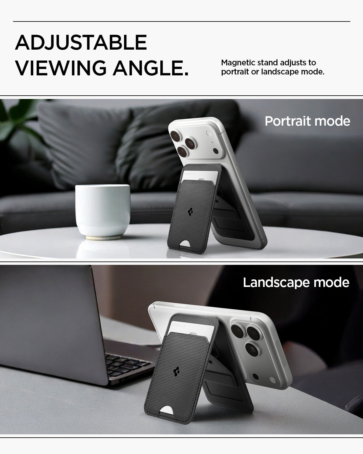 AFA10405 - MagSafe Card Holder Slim Fold (MagFit) | S314-1 in Black showing adjustable viewing angle. magnetic stand adjusts to portrait or landscape mode