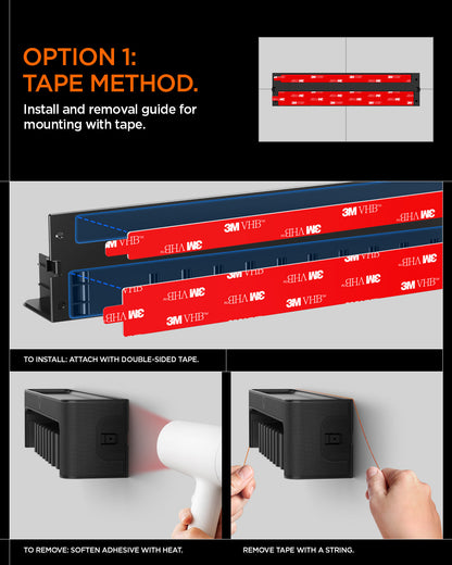 AMP09445 - Watch Band Organizer | S341 showing the install and removal guide for mounting with tape. To Install: Attach with double-sided tape To Remove: Soften adhesive with heat and remove tape with string
