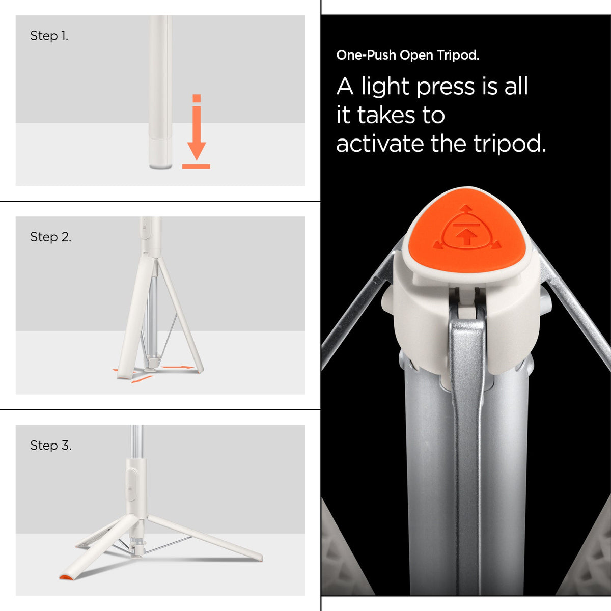 AMP09337 - Tripod Selfie Stick S541W in Dune Beige showing the one-push open tripod. A light press is al it takes to activate the tripod 1. Placed the stick on the floor 2. Lightly press to release the stand and 3. Extend the tripod stand