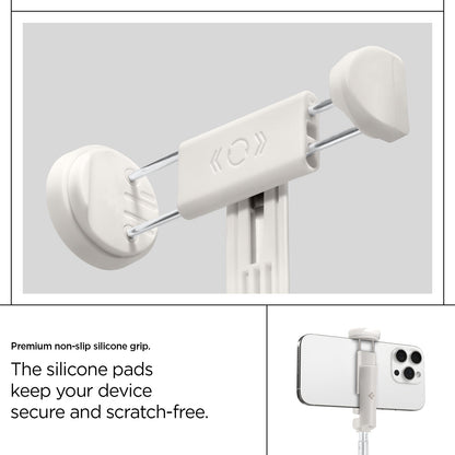 AMP09337 - Tripod Selfie Stick S541W in Dune Beige showing the premium non-slip silicone grip. The silicone pads keep your device secure and scratch-free