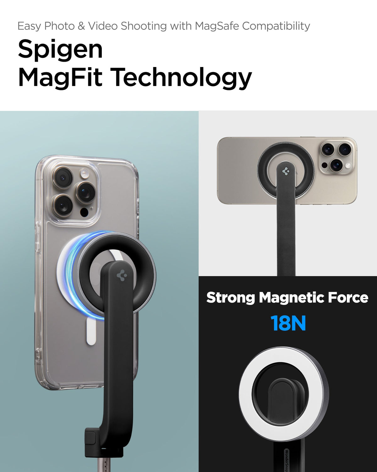AMP07656 - Tripod Selfie Stick (Magfit) | S571W showing easy photo and video shooting with magsafe compatibility. Spigen magfit technology. Strong magnetic force 18N