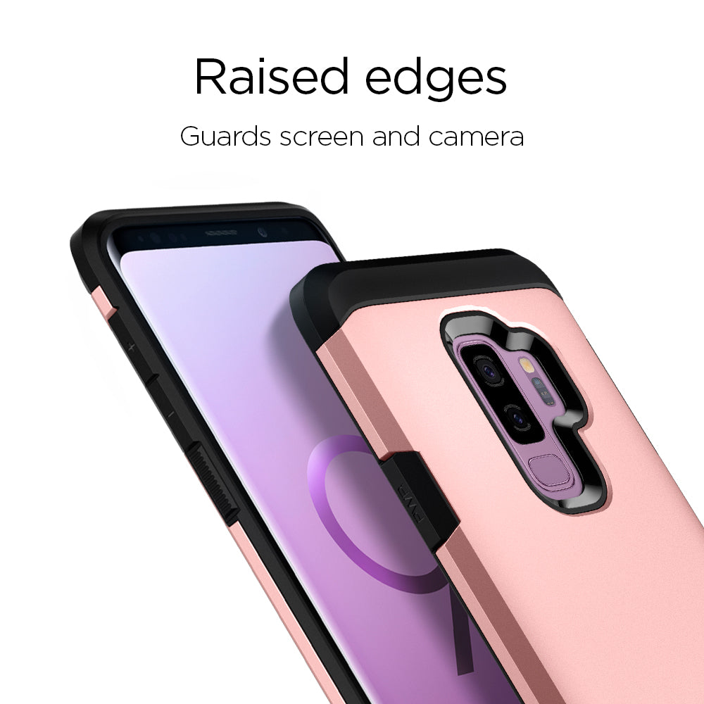 593CS22934 - Galaxy S9 Plus Tough Armor Case in rose gold raised edges. guards screen and camera.