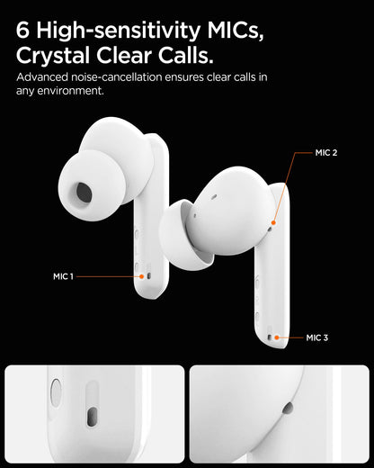 ASD07888 - Spigen True Wireless Earbuds SA2402 in Black showing the 6 High-sensitivity MIC's crystal clear calls. Advance noise-cancellation ensures clear calls in any environment