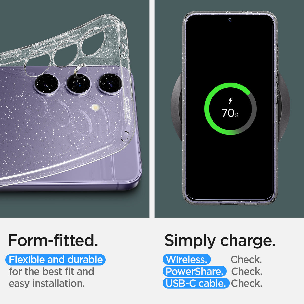 ACS07345 - Galaxy S24 Case Liquid Crystal Glitter in Crystal Quartz form fitted flexible and durable for the best fit and easy installation. Simply charge wireless check. powershare check. USB-C cable.