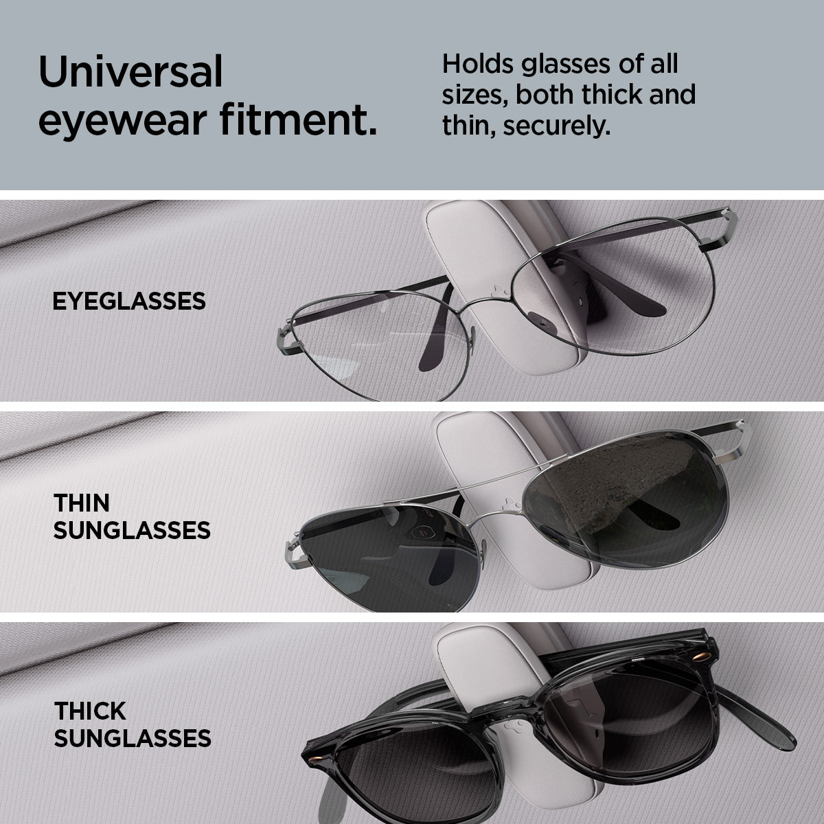 ACP08825 - Visor Sunglass Holder SH100 in Gray showing the universal eyewear fitment, hold glasses of all sizes, both thick and thin, securely