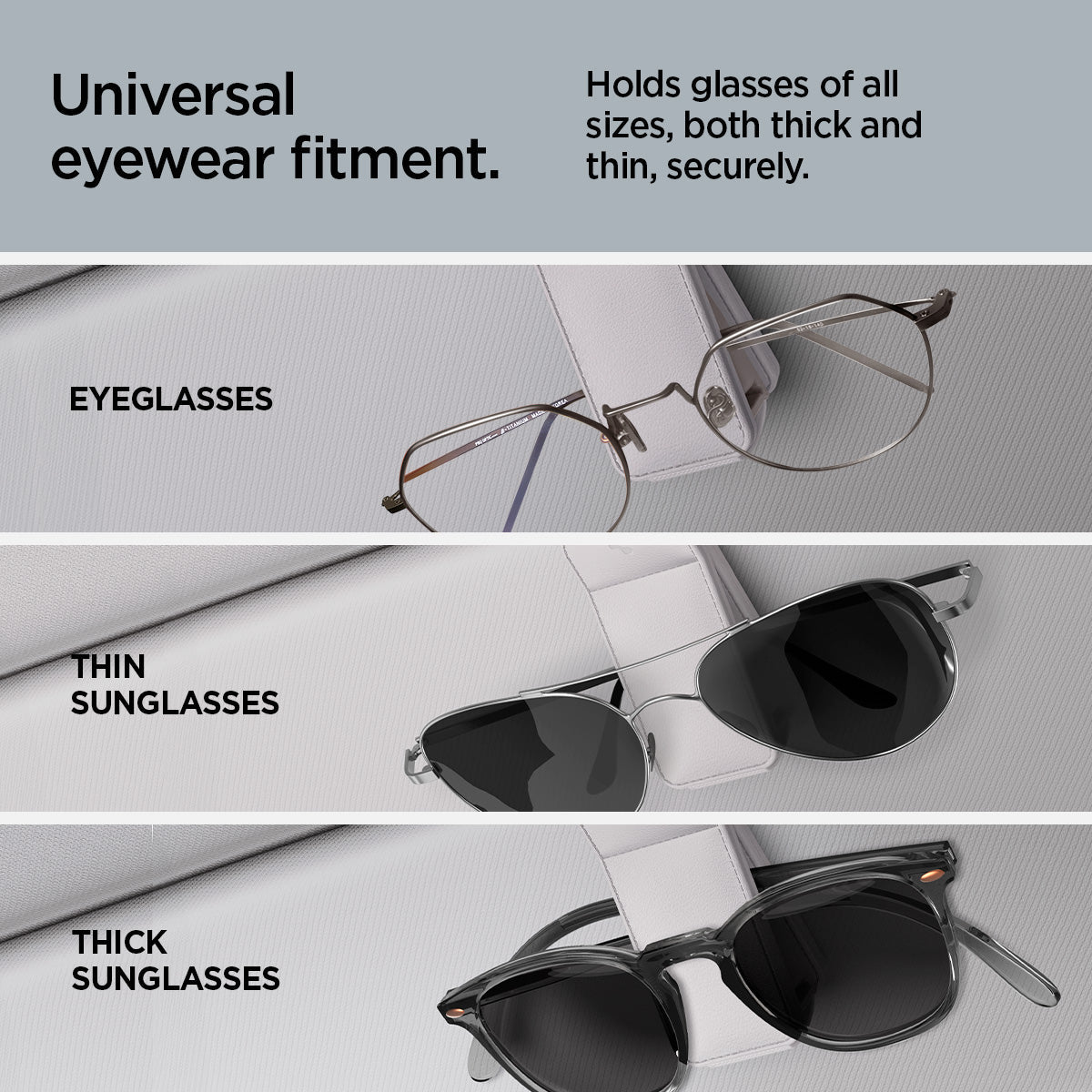 ACP08827 - Visor Leather Sunglass Holder SH101 in Gray showing the universal eyewear fitment, hold glasses of all sizes, both thick and thin, securely