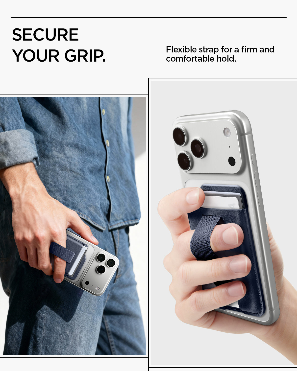 AFA10804 - MagSafe SleekBand Card Holder | 3 Cards (MagFit) in Modern Navy showing secure your grip. flexible strap for a firm and comfortable hold