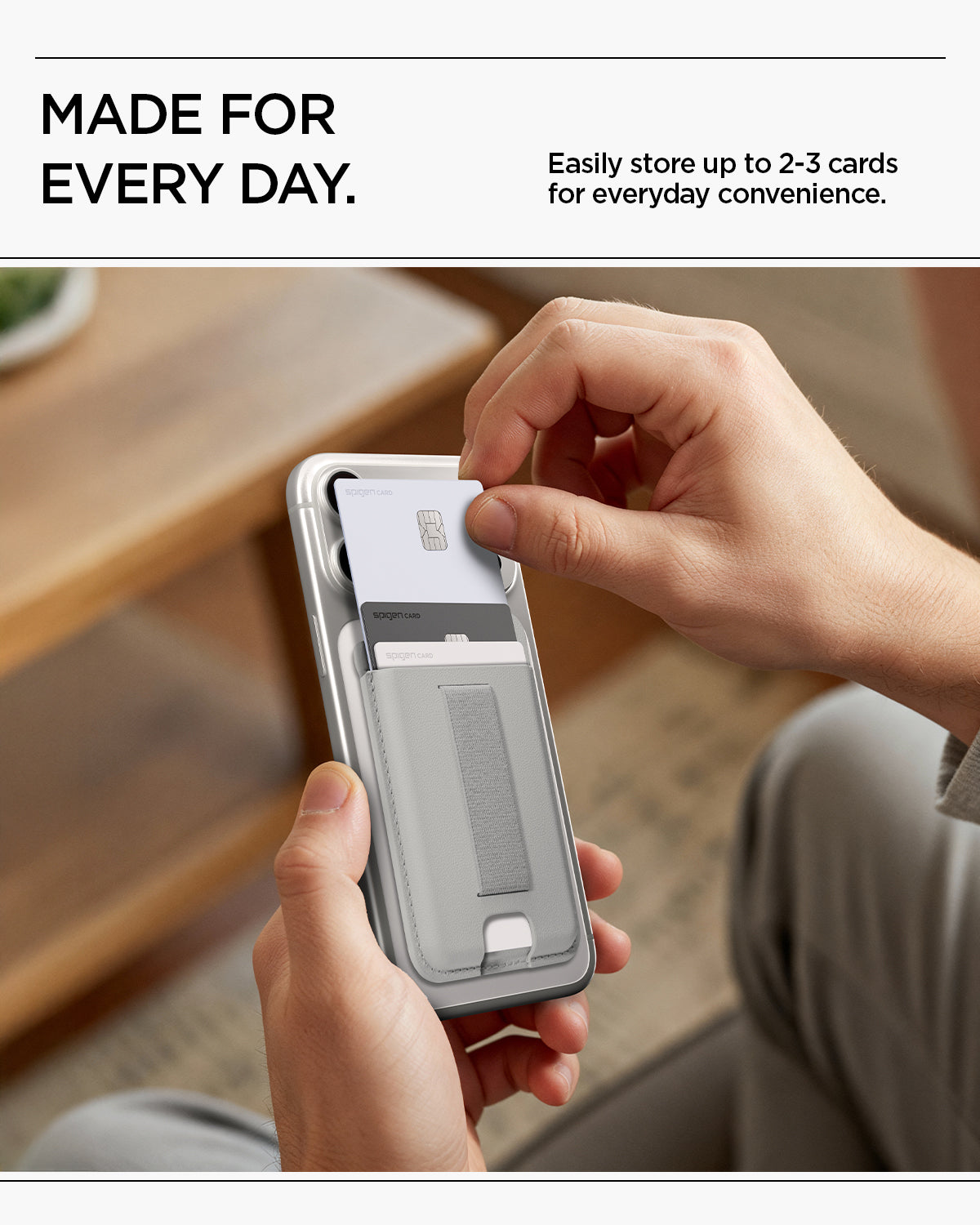 AFA10803 - MagSafe SleekBand Card Holder | 3 Cards (MagFit) in Urban Gray showing made for every day. easily store up to 2~3 cards for everyday convenience