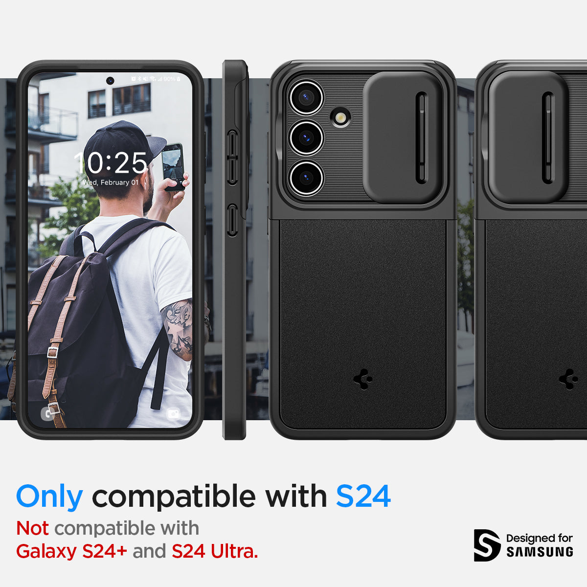 ACS07363 - Galaxy S24 Case Optik Armor in Black showing the compatibility only with S24. Not compatible with Galaxy S24+ and S24 Ultra