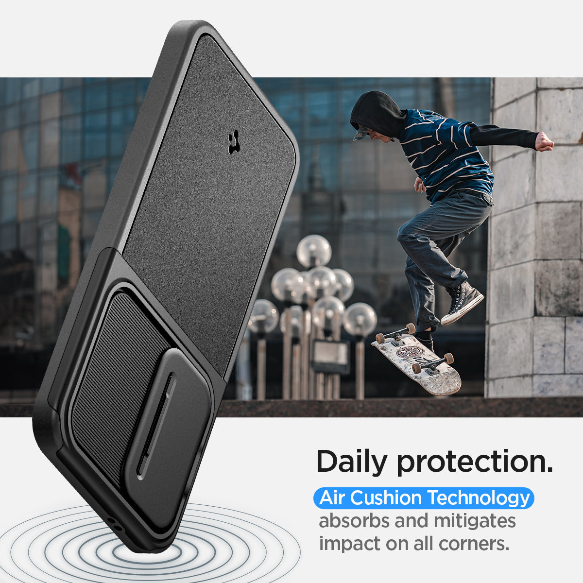 ACS07363 - Galaxy S24 Case Optik Armor in Black showing the daily protection. Air Cushion Technology absorbs and mitigates impact on all corners