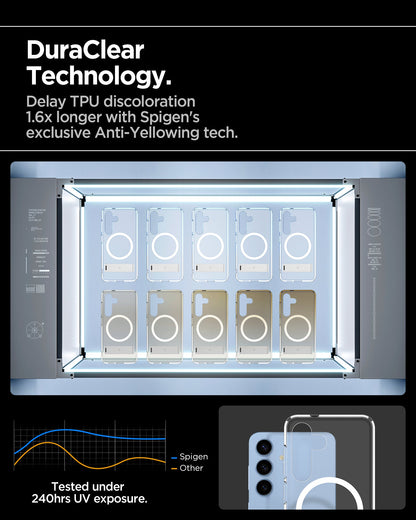 ACS09026 - Galaxy S25 Case Ultra Hybrid S in Clear White showing the DuraClear Technology. Delay TPU discoloration 1.6x longer with Spigen's exclusive Anti-Yellowing tech.