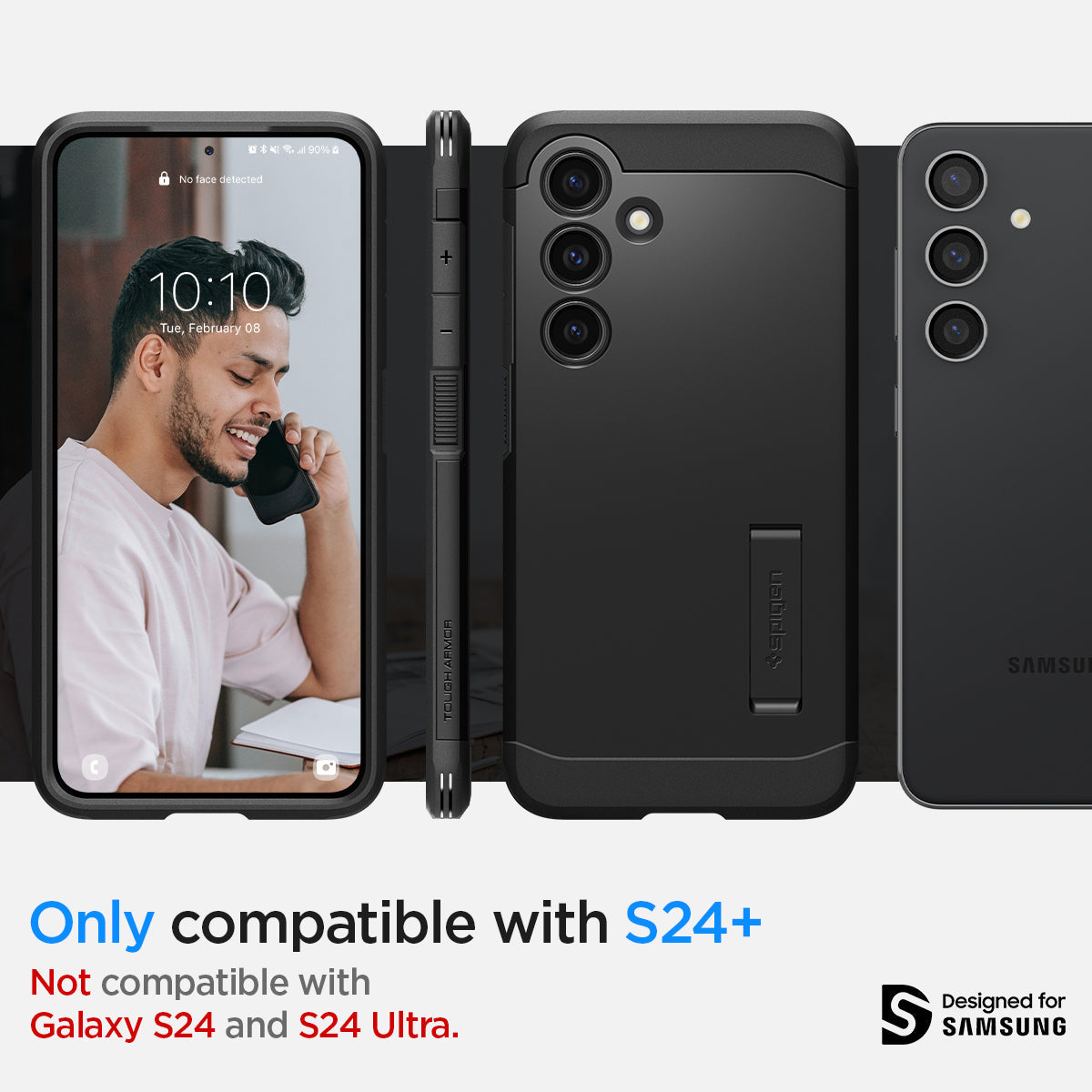 ACS07332 - Galaxy S24 Plus Case Tough Armor in Black showing the compatibility only with S24+. Not compatible with Galaxy S24 and S24 Ultra