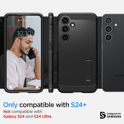 ACS07332 - Galaxy S24 Plus Case Tough Armor in Black showing the compatibility only with S24+. Not compatible with Galaxy S24 and S24 Ultra