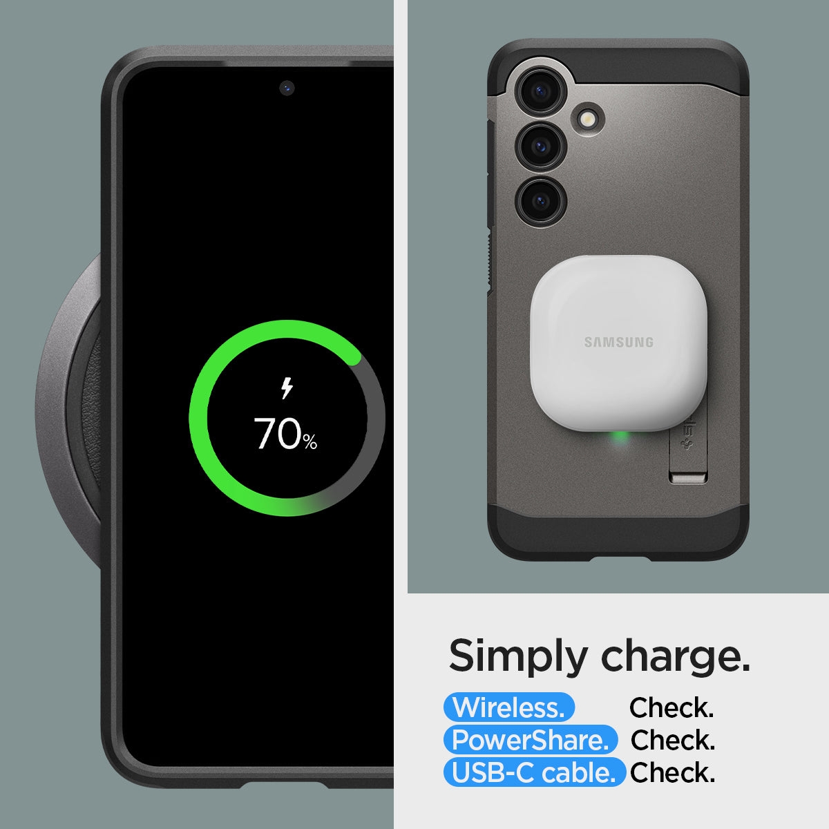 ACS07333 - Galaxy S24 Plus Case Tough Armor in Gunmetal showing simply charge. Wireless, PowerShare and USB-C cable all check